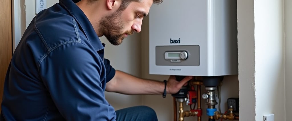 A gas engineer carrying out a Baxi boiler maintenance