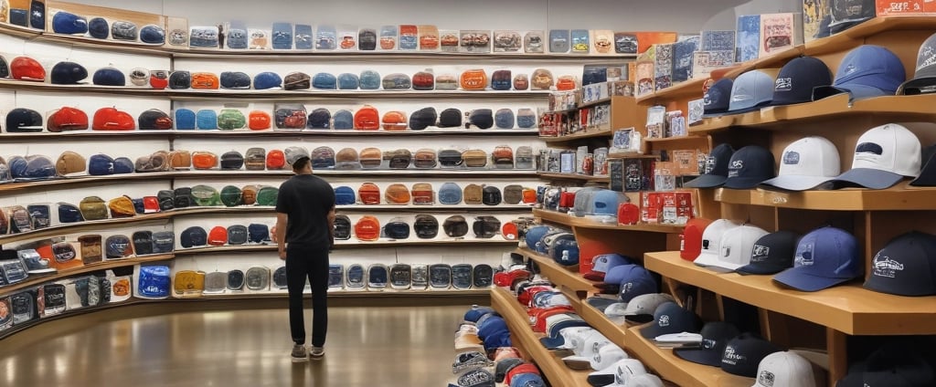 A person wearing a top hat and a t-shirt is looking down while holding two wide-brimmed hats. Behind them is a shelf filled with various hats and objects.