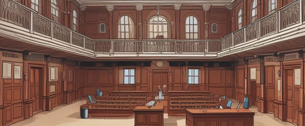 A grandiose courtroom with intricately carved wooden paneling and high ceilings. A row of tall, brown leather chairs lines the back, situated beneath an elaborate decorative relief. The room features a large wooden desk in the foreground. Two flags are present, one with a star on a blue background and red and white stripes, and the other with blue and yellow accents.