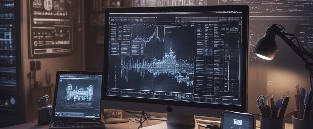 A dimly lit room features a desktop monitor and a laptop on a desk, both displaying lines of code and digital graphics. The primary focus is on programming and software development, with a dark, tech-centric theme.