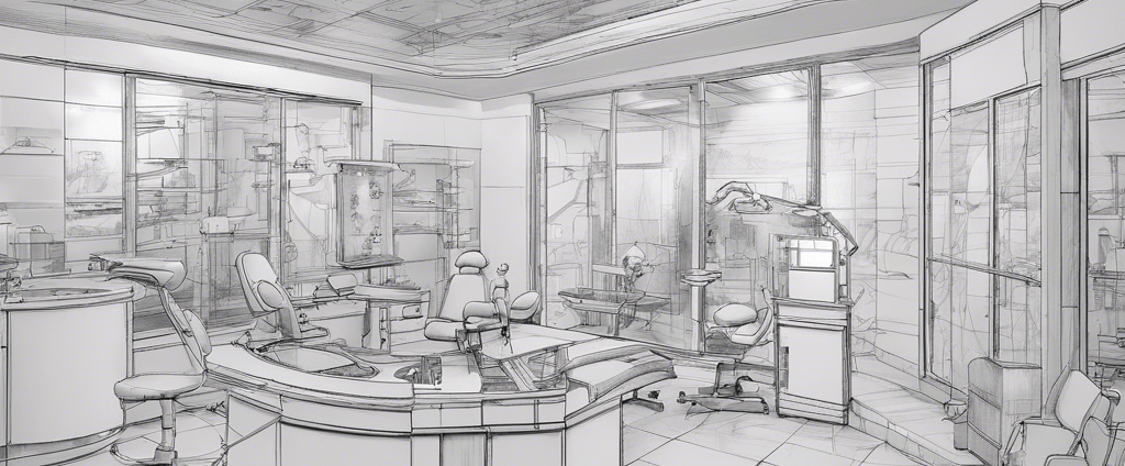 a dentist chair with a red seat in a room