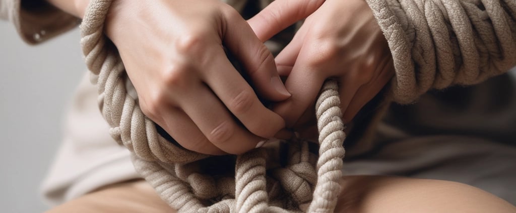Two people are engaged in a bondage practice, with one person sitting on the floor, their torso wrapped in rope. The background includes a chair, a fan, and a door with signage, suggesting an indoor setting.