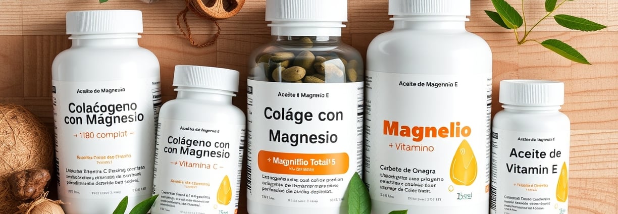 Cinco botellas blancas de suplementos y vitaminas como Colageno con Magnesio, Vitamina E