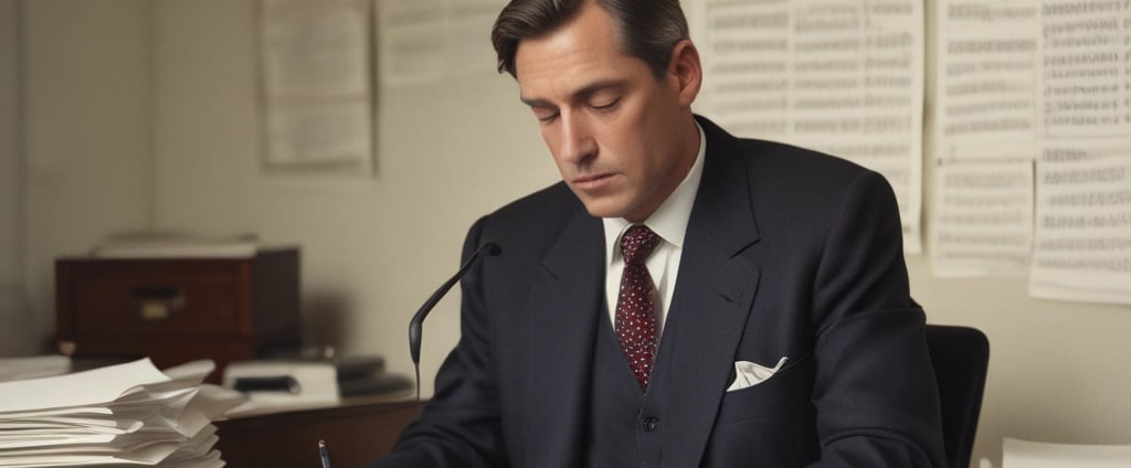 A man wearing a suit sits at a desk, concentrating on the documents in front of him. The desk has a microphone, a telephone, and some papers. The background includes a wall with several sheets of paper posted on it and a door.