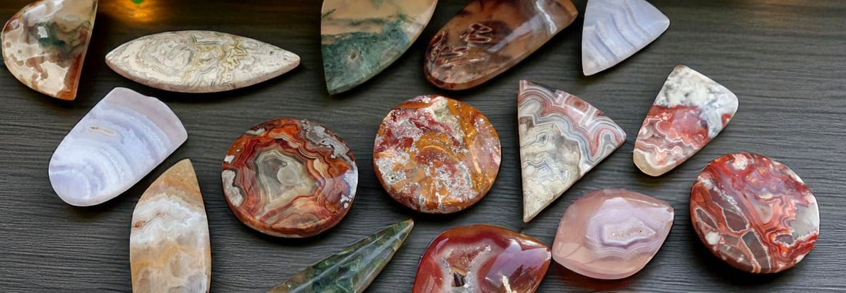 A selection of agate stone cabochons in various cuts with a bright polish 