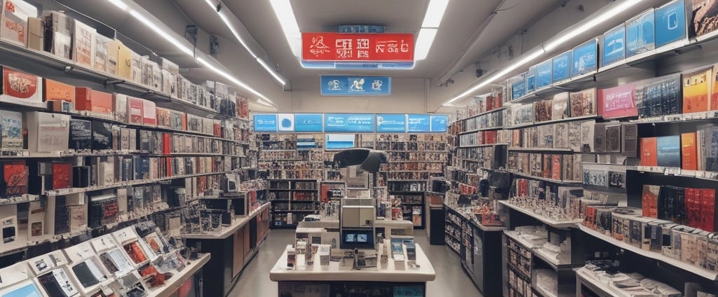 A bustling market alley filled with various stalls selling mobile accessories. Colorful garlands hang from the roof, and signboards for brands like Samsung, Oppo, and iPhone are visible. Shoppers and vendors are engaged in transactions.