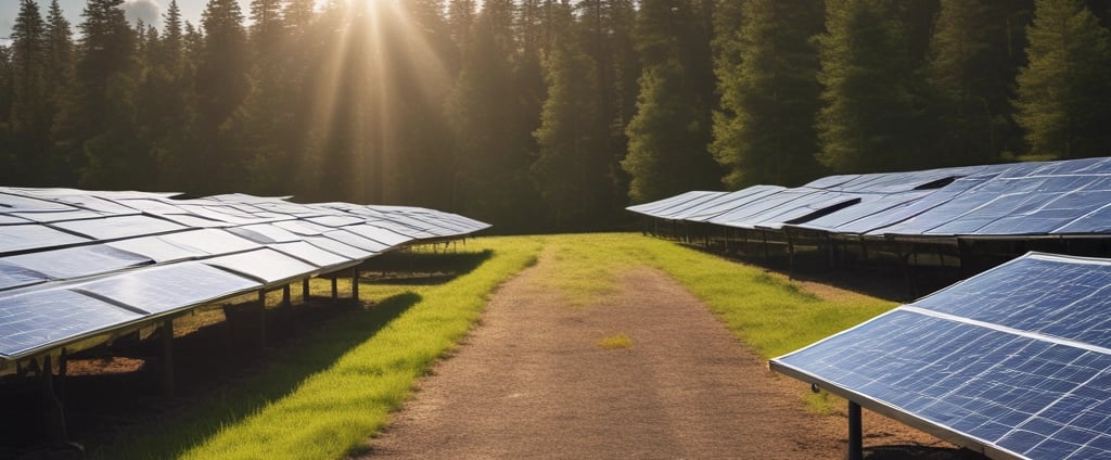 A landscape featuring a large solar panel array in the foreground, with a modern wind turbine to the left. Behind the renewable energy installations, an industrial facility with multiple chimneys and storage tanks is visible under a clear blue sky.
