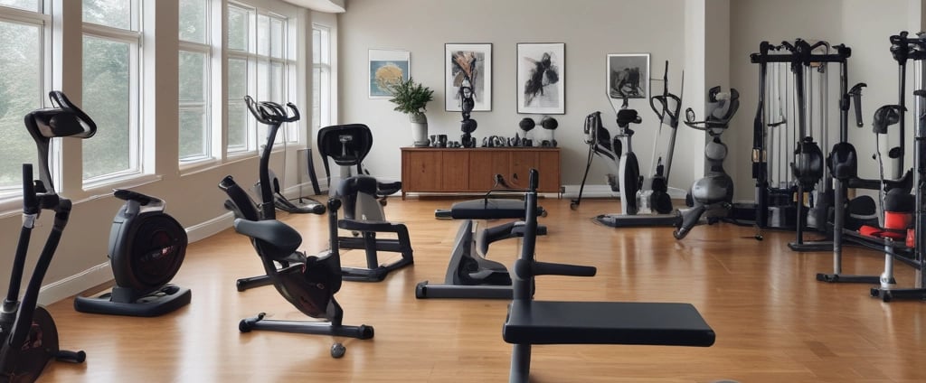 A well-lit home gym with wooden floors and beige walls is equipped with various exercise machines, including a bench press, stationary bike, and multi-gym station. A beige sofa is placed against one wall near an air conditioning unit and a small window.