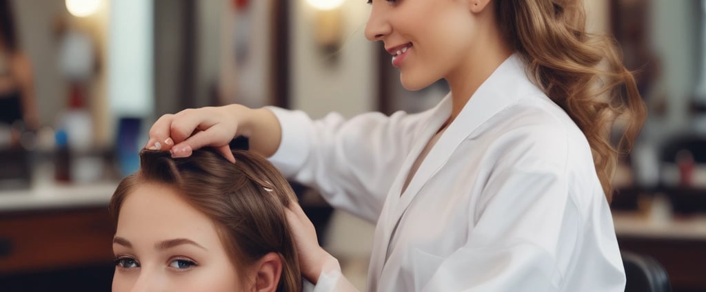 A person with long blonde hair is applying makeup or performing some form of facial grooming on another person. The setting appears cozy and informal, with dim lighting. The person working wears a black cap and is focused on the task.