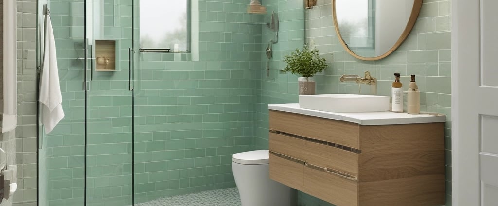 bathroom wall with unfinished surfaces. One section features blue and white geometric tiles, while another section showcases large, grey tiles held in place by orange spacers. There is a window to the left providing natural light.