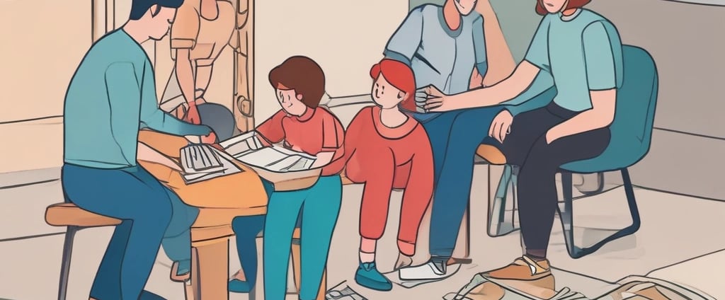 A person wearing a red apron with white text and holding a donation cup. The text mentions 'St-Vincent de Paul'. The individual also carries a coat and has a braided hairstyle.