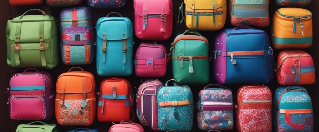 A stylish display in a store showcasing a variety of footwear and accessories. In the center, there is a black leather backpack with a prominent brand logo. Below, a black woven handbag with a gold 'P' detail. Surrounding the central items, various pairs of shoes, including sandals, high heels, and sneakers, are neatly arranged on shelves.