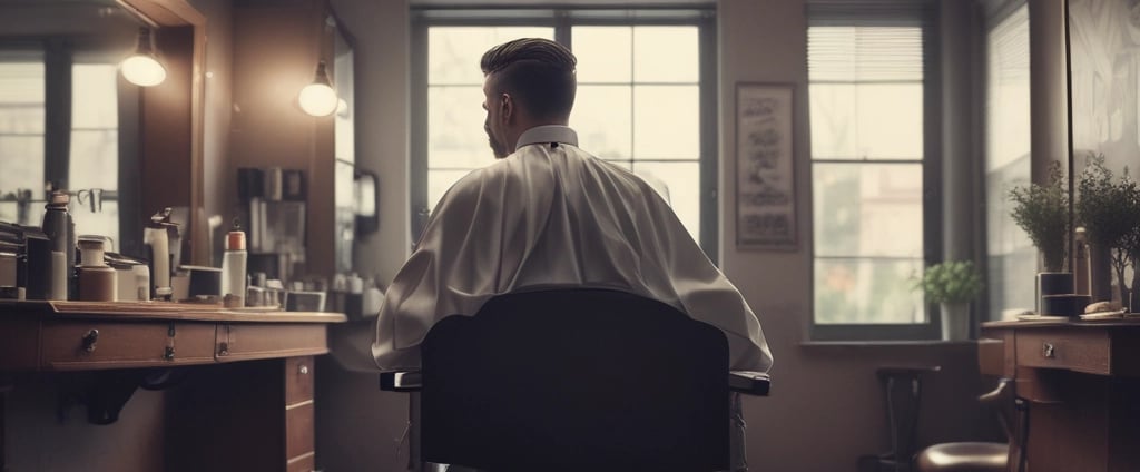 A modern barbershop with a stylish interior featuring exposed brick walls, sleek shelving filled with products, and framed photos on the walls. A barber is attentively working on a customer's haircut, using a hairdryer. The atmosphere is cozy and well-organized.