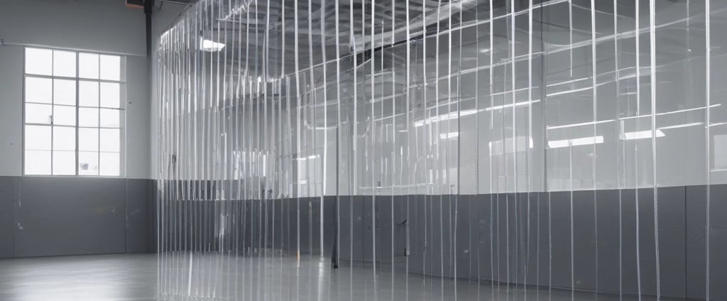 Vertical, textured curtains with light streaming through, creating a pattern of shadows.