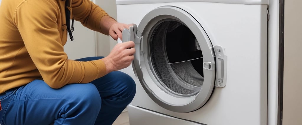 A person wearing red and black gloves is using a screwdriver to work on the underside of a metallic appliance. The appliance is mounted and has visible pipes connected to it. The person's forearm shows a tattoo.