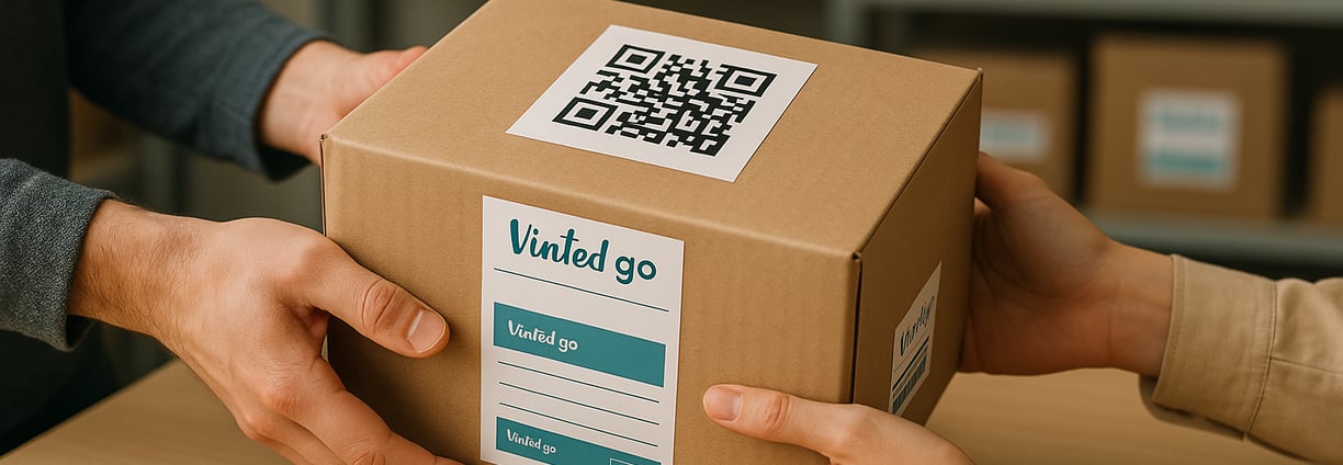 Manos entregando un paquete con código QR a una clienta, sobre un mostrador limpio con etiquetas