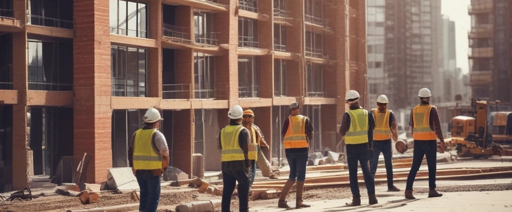 A chain-link fence with two signs attached stands along a sidewalk. The left sign features a red circular logo with text indicating a construction safety team. The right sign displays the name and information of a general contractor. Behind the fence, there is a grassy area with bushes and trees, and an industrial area with buildings in the background under a clear blue sky.