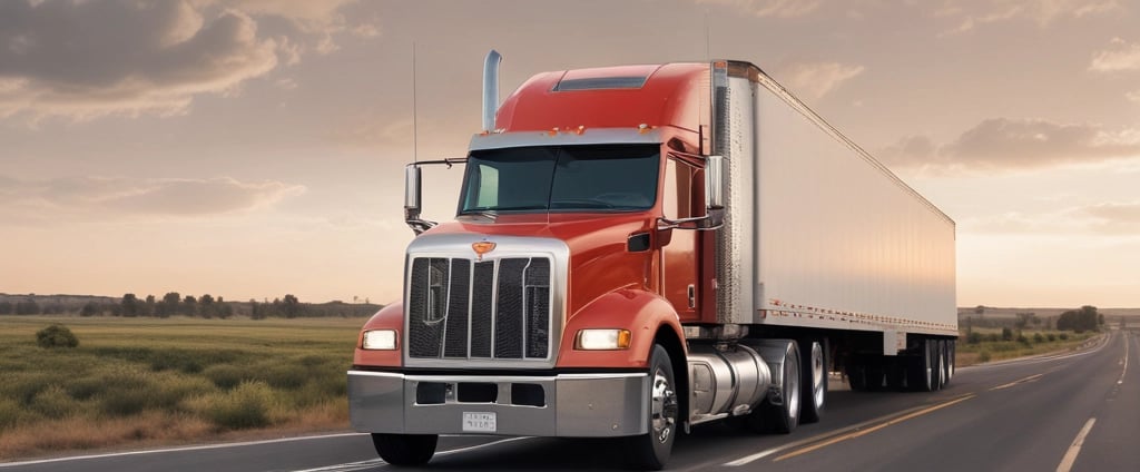 An orange Isuzu truck with a large container on its back is driving on a highway. The truck has signage indicating 'K.B Logistics' and contains decorative elements on the front. The container is mostly blue with white text and appears to be used for transporting goods. The highway is surrounded by greenery, with trees and bushes visible in the background. It's a bright day with clear visibility.