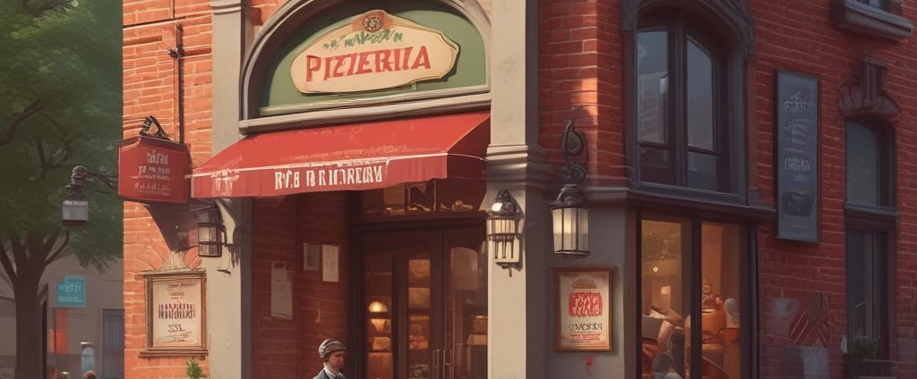 A dimly lit pizza stall with a sign reading 'Pucci's Pizza' and an 'OPEN' neon light. Several pizzas are displayed on the counter. Two employees, one wearing a red hat, are behind the counter. A customer sits at a nearby table, seemingly waiting.