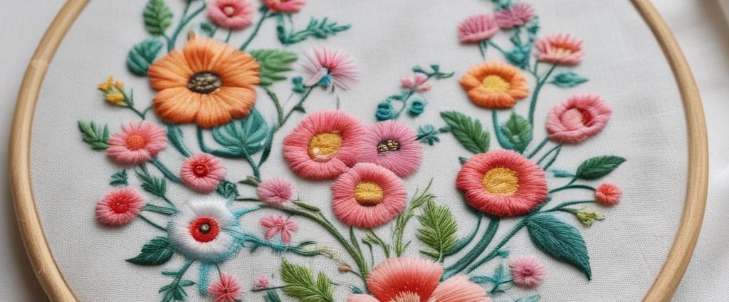 An embroidery hoop with the words 'embroidery by Liza' in black thread is positioned on a wooden surface. Surrounding the hoop are vibrant flowers in shades of pink, white, red, and blue placed on top of woven straw or wicker.