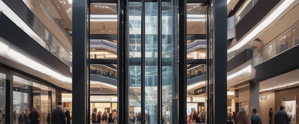 An escalator is ascending towards a well-lit area featuring an elevator. The scene is mostly metallic with reflections on the escalator sides, and overhead lighting provides a dim glow.