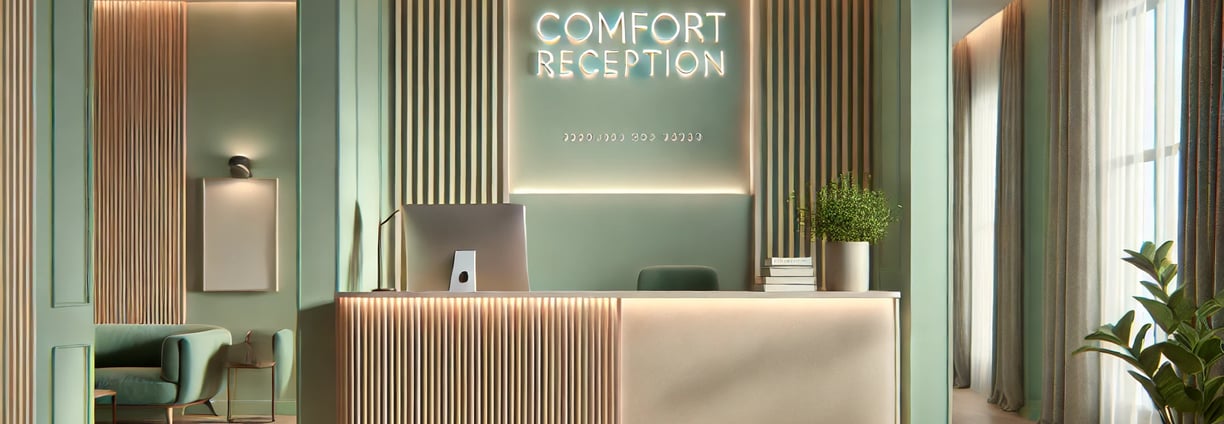 a reception desk with a large window and a plant in the background