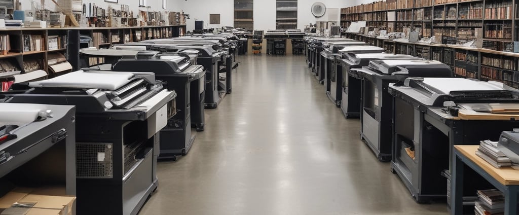 a large room with a lot of printer machines