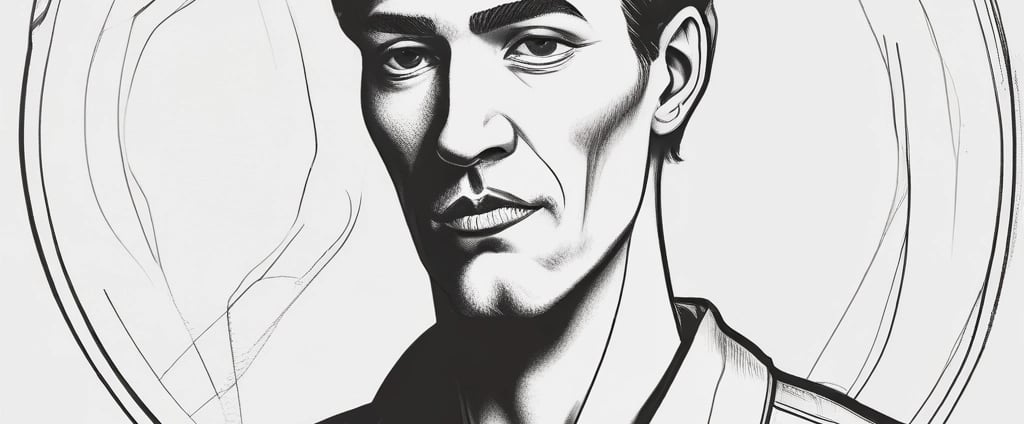 a black and white logo with the word,'sketch of a man in a