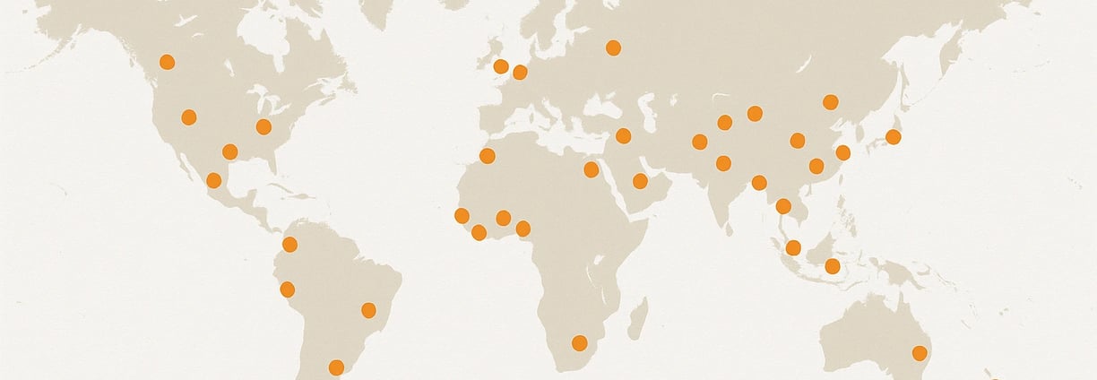 a map of a world map with orange dots