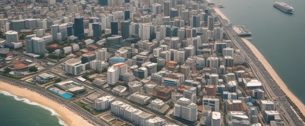 A cityscape with a real estate sign in the foreground, prominently displaying the name and phone number. Surrounding the sign are various buildings with different architectural styles, some with scaffolding and green netting. The scene features a mix of older, worn structures alongside modern glass-fronted buildings. Power lines and construction materials add to the urban complexity.