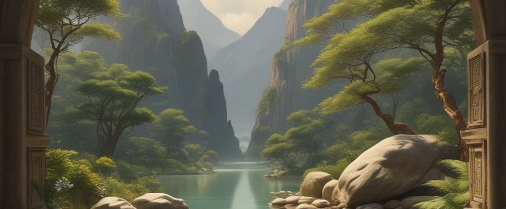 a painting of a mountain scene with a river and a bridge