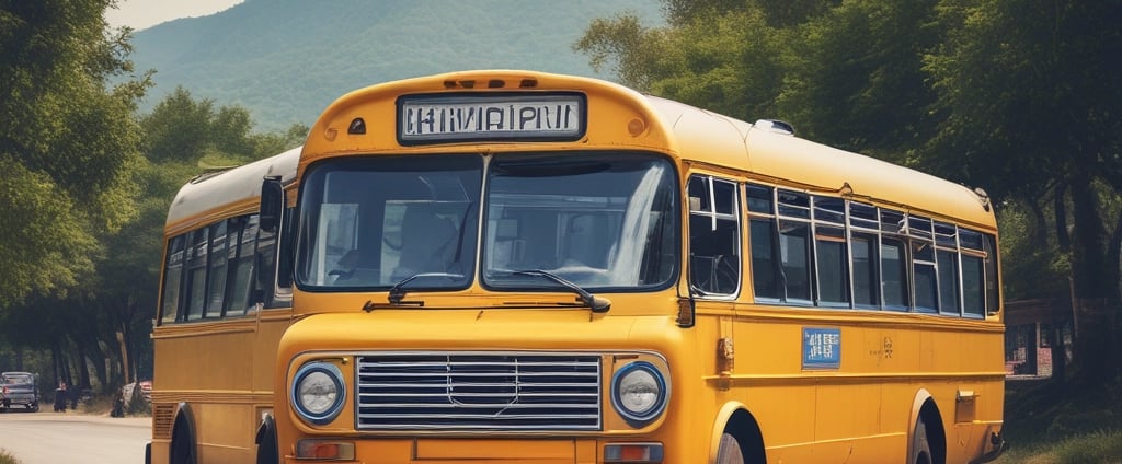 A colorful bus labeled 'Bharti Coach' navigates a winding road through a dense forest. The bus features vibrant decorations and patterns, with its front displaying various inscriptions and logos. Tall trees with thick trunks and lush foliage surround the road, casting shadows on the pavement.