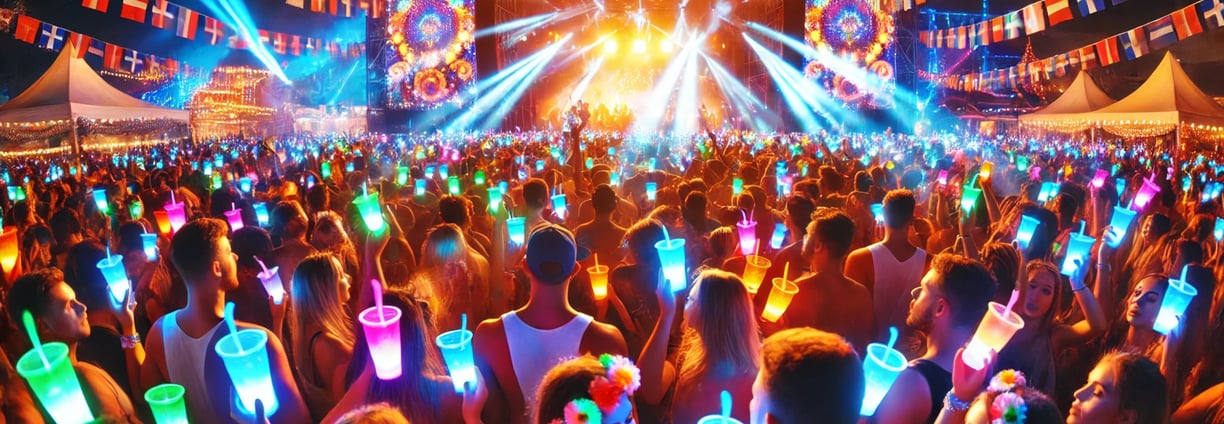 Crowd celebrating at a nighttime festival, holding multicolored glowing cups.