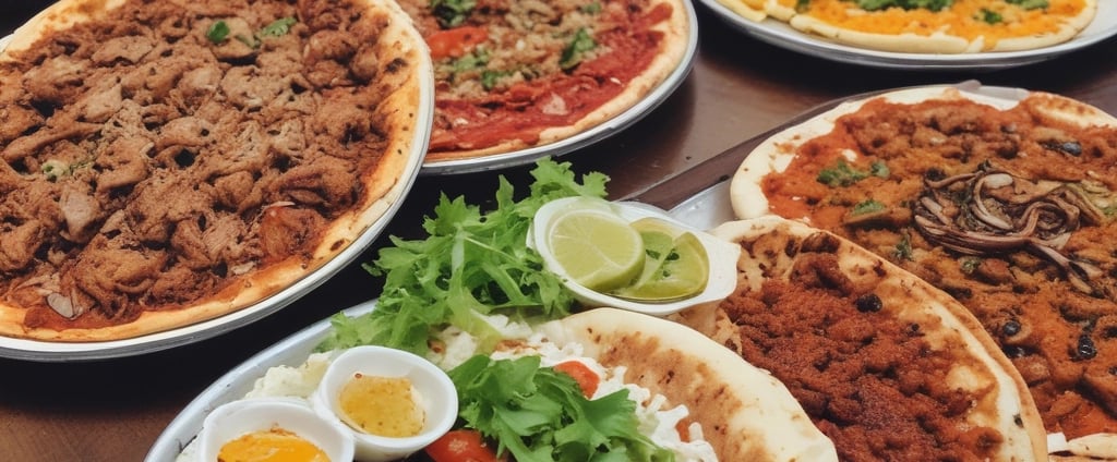 An assortment of various fast food dishes is arranged on a light-colored table. The selection includes plates of doner kebab with vegetables and sauces, fries drizzled with ketchup, a wrap filled with vegetables and meat, a loaded sandwich topped with ketchup, and a side dish likely consisting of a baked item with melted cheese. The presentation is colorful and appetizing.