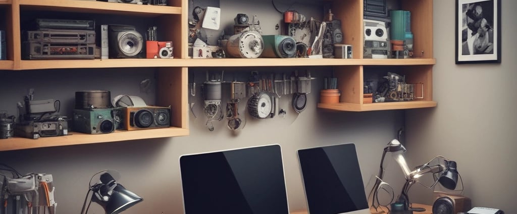 A workbench is cluttered with technology repair tools and disassembled electronic devices. Multiple laptops are open, and an overhead lamp provides focused lighting on the workspace. A backpack sits at the back, amidst a disarray of tools such as screwdrivers, a utility knife, and an organized box of small components. Various pieces of electronic hardware and circuit boards are spread out on the table.