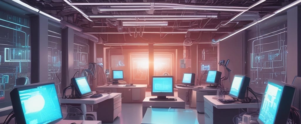 A conference room with a long wooden table surrounded by chairs covered in protective plastic. Multiple computer monitors are placed on tables against the walls, each displaying nature-themed images. The walls are lined with wood paneling, and a sign indicating a center for artificial intelligence is displayed at the front. There are decorative flower arrangements on the table, and the overall setup suggests a professional environment.