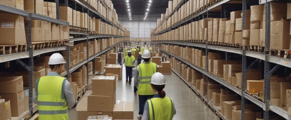 A spacious warehouse with tall shelves filled with various boxes and pallets. A yellow forklift is parked in the aisle, surrounded by organized inventory. The environment appears clean and well-lit, with items neatly stacked on metal racks.