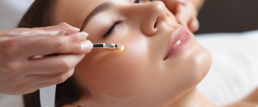 A person is lying on a treatment table in a spa-like setting, receiving a facial treatment. Another person is applying a facial mask with a brush while holding a small bowl. The space is neatly organized with shelves and skincare products in the background.