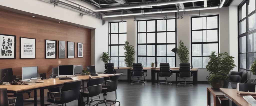 The inside workspace of the marketing agency during the morning time before everyone arrives.