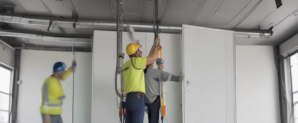 Two electrical workers in safety gear are working high up on a utility pole surrounded by numerous wires and equipment. They are in a cityscape environment, and the background shows buildings with windows. The workers are using tools to handle the complex array of wires.