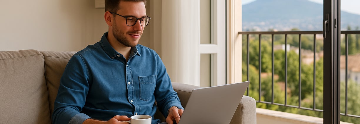 Uomo con laptop in soggiorno di casa vacanze, in smart working rilassato