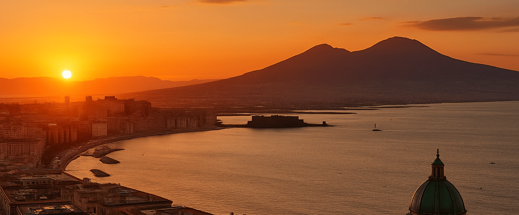 Tramonto estivo sul Golfo di Napoli con il Vesuvio in controluce