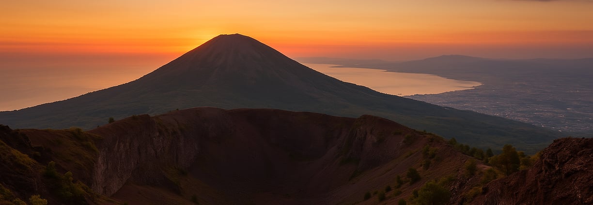 Panorama del Vesuvio al tramonto visto dal cratere, con cielo rosato e ombre sulle pendici
