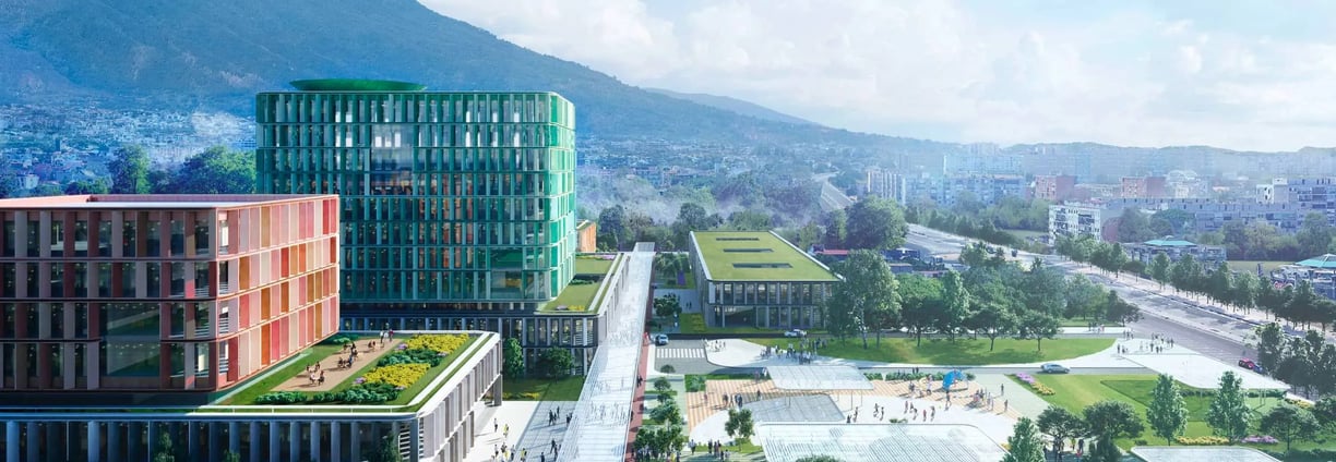 Rendering del nuovo Ospedale Santobono con aree verdi e ambienti colorati a Ponticelli"