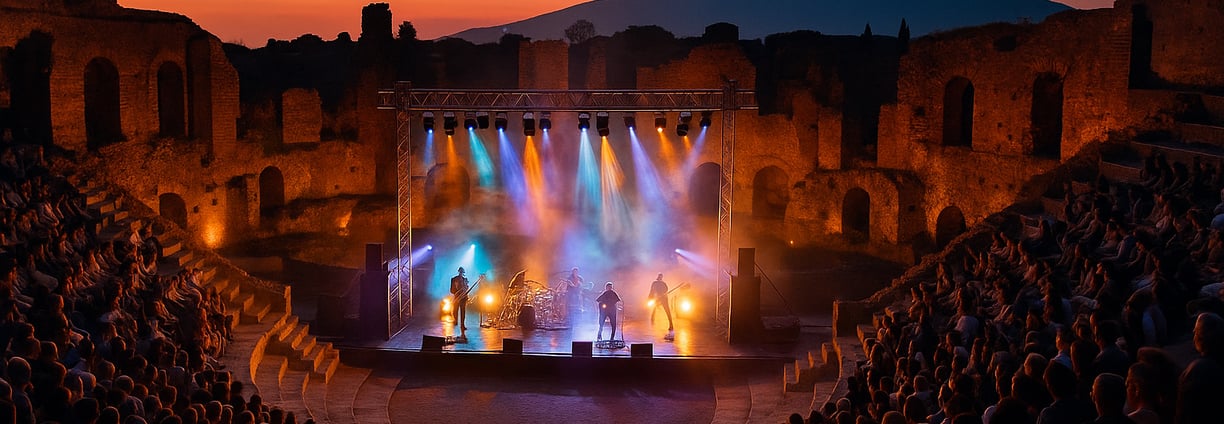 Concerto serale all’Anfiteatro di Pompei, con giochi di luce sulle gradinate antiche e artisti immersi in un’atmosfera senza