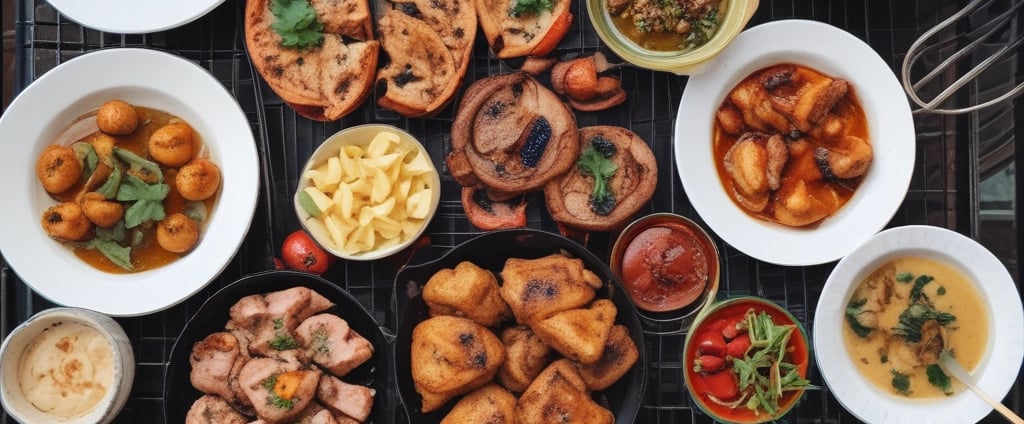 A metal tray filled with seasoned meat pieces is positioned on a charcoal grill emitting gentle smoke. The atmosphere is dimly lit, creating a rustic and warm ambiance.