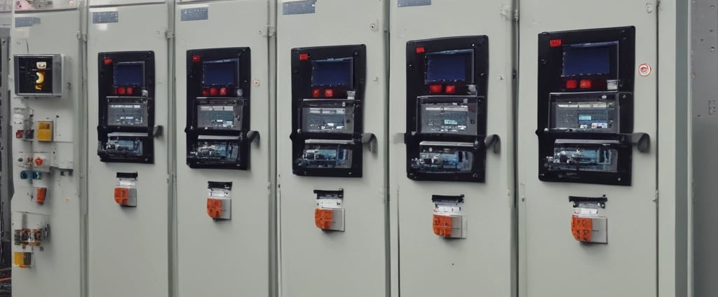 Industrial control panels with various buttons, switches, and display screens are placed in a well-lit environment. The setup suggests a technical or engineering setting with panels housing electronic or communication equipment.