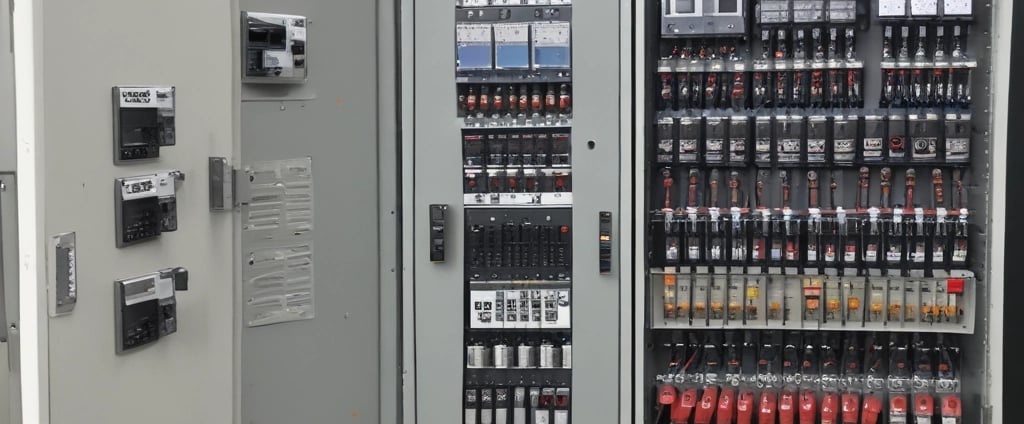 An electrical control panel is mounted on a textured gray wall. The panel consists of two units: one is a smaller beige box with a window displaying internal components, and a warning sign with Chinese characters and a lightning bolt symbol. The other box is larger, white, and features an illustration of a cartoon character wearing a helmet and armor, riding a skateboard in a dynamic pose.