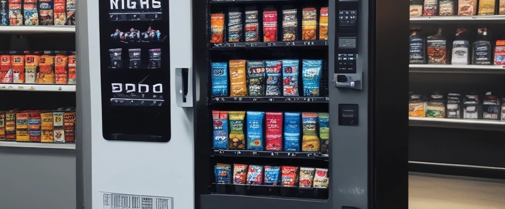A vending machine with a glass front displaying various packaged snack items. The machine has labels in multiple languages including Japanese and Indonesian. It features a keypad for input and a currency slot for transactions, with instructions available on bright orange panels.
