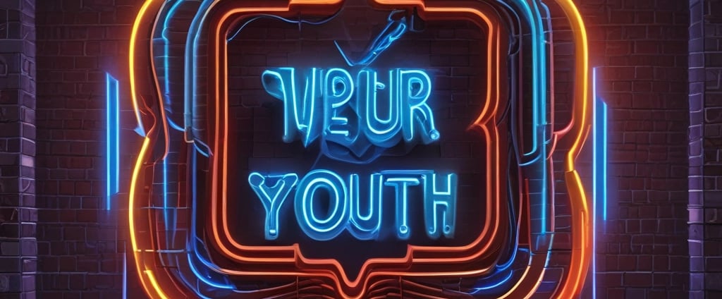 A neon sign with the words 'Empower Women' in bright blue letters against a dark background. The lettering is surrounded by an artistic design of neon orange loops, adding a decorative touch to the sign.